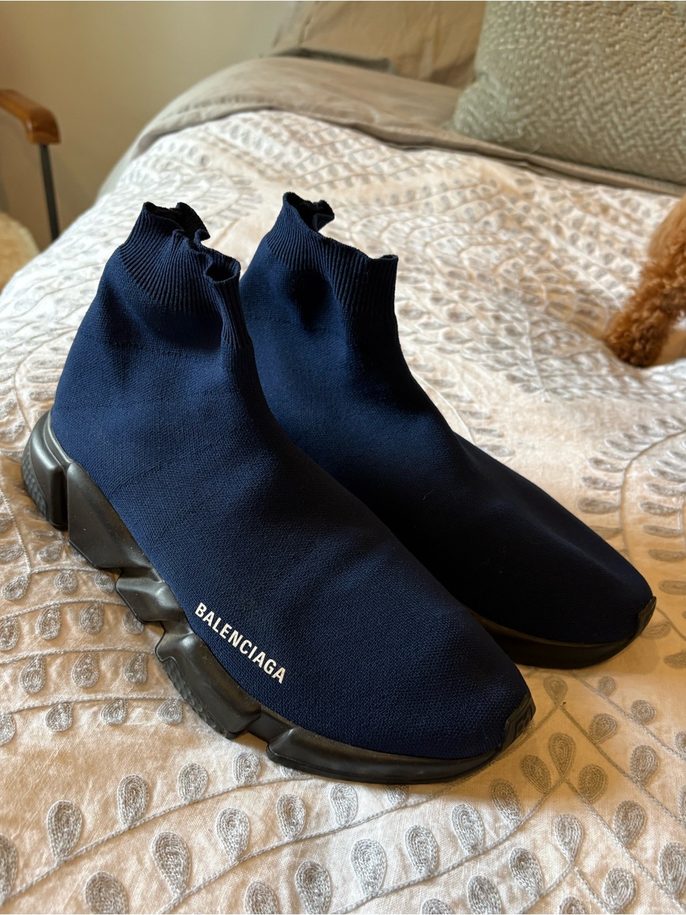 Balenciaga Navy Knit Sock Sneakers with Black Sole